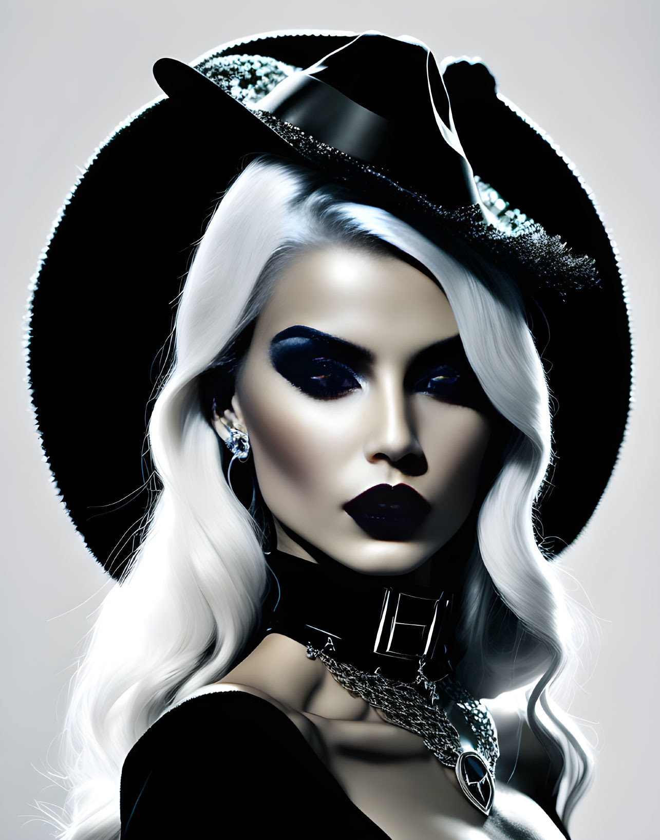 Platinum blonde woman with dark makeup and jeweled hat.