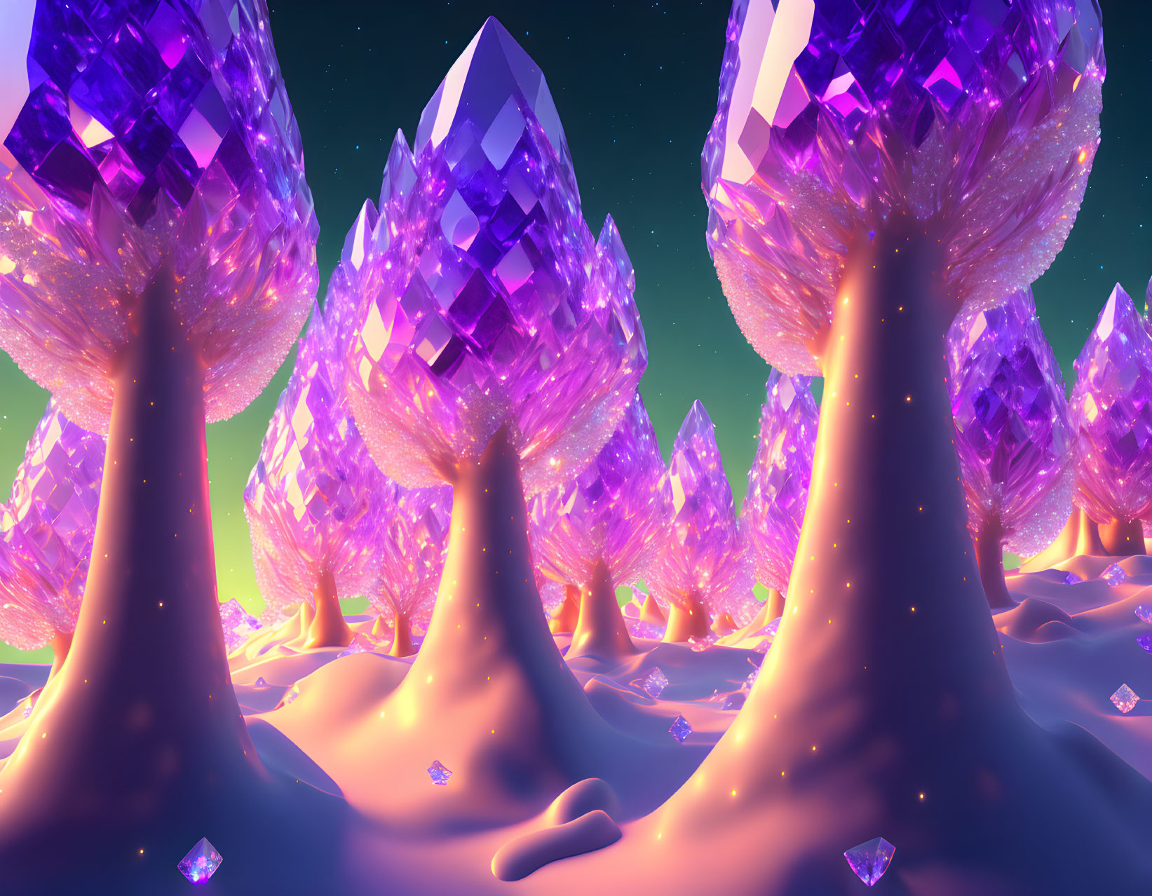 Mystical landscape with towering purple crystals under starry sky