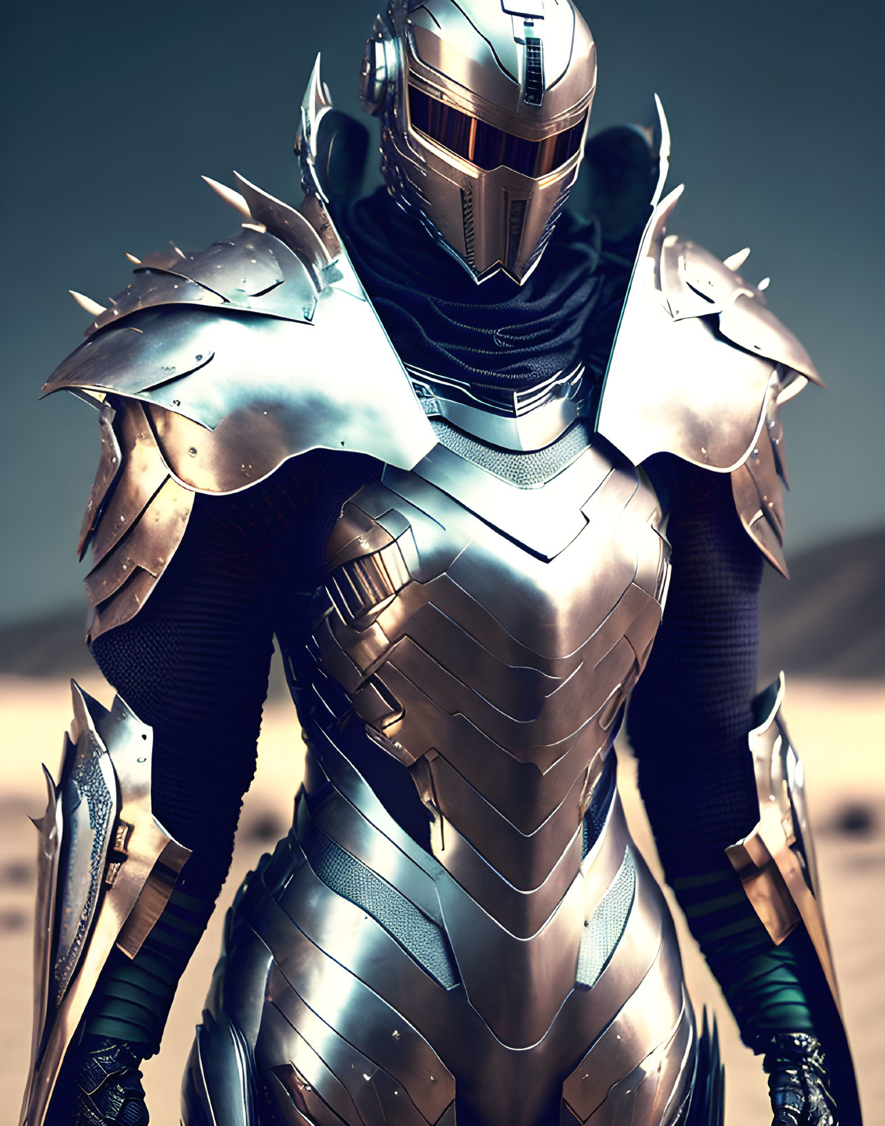 Futuristic knight armor under desert sun combines medieval and sci-fi aesthetics