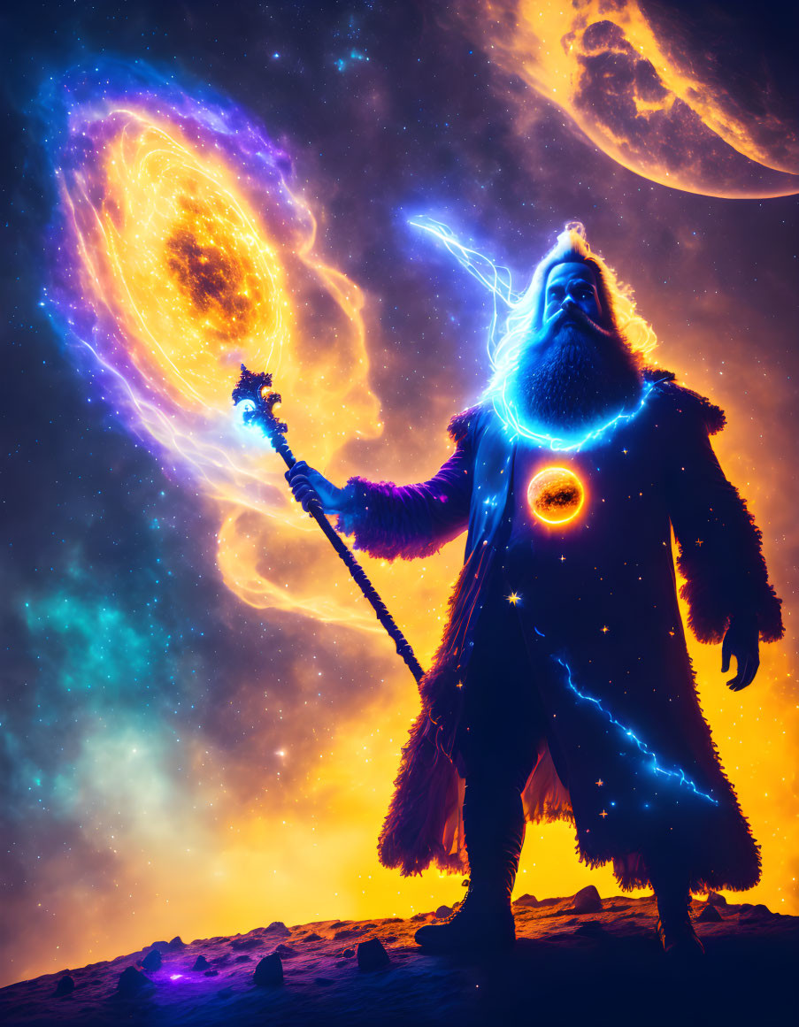 Cosmic wizard with glowing staff under starry sky