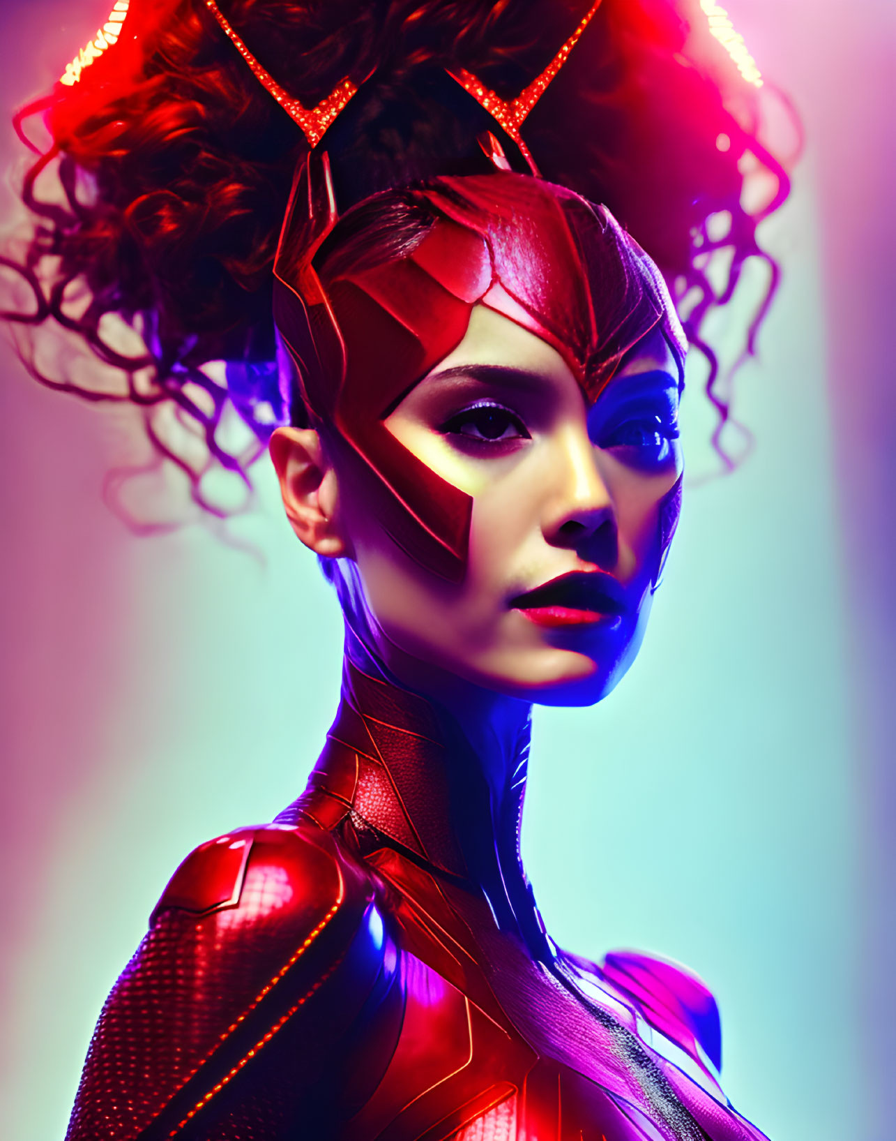 Futuristic woman in red suit with cybernetic helmet in vibrant lighting