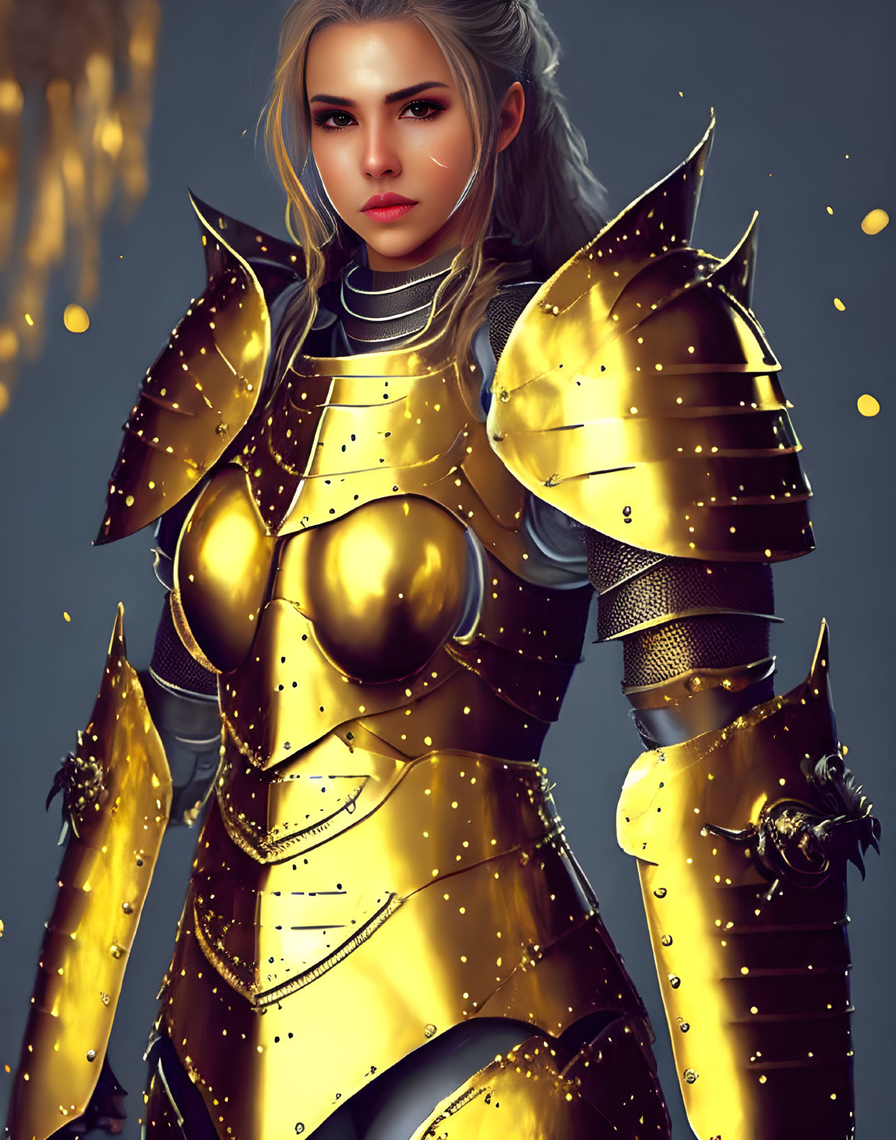 Detailed Female Warrior in Glimmering Gold Armor with Fierce Expression