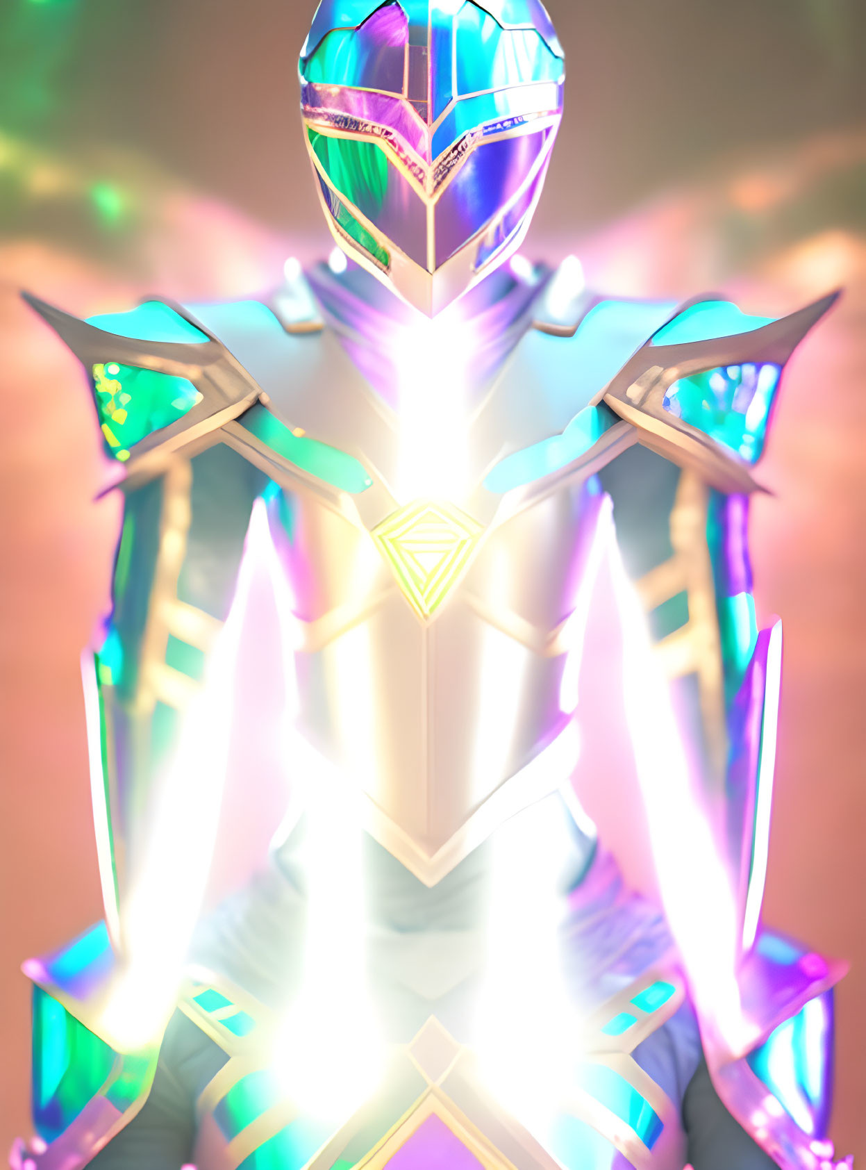 Futuristic warrior in radiant armor on luminous background