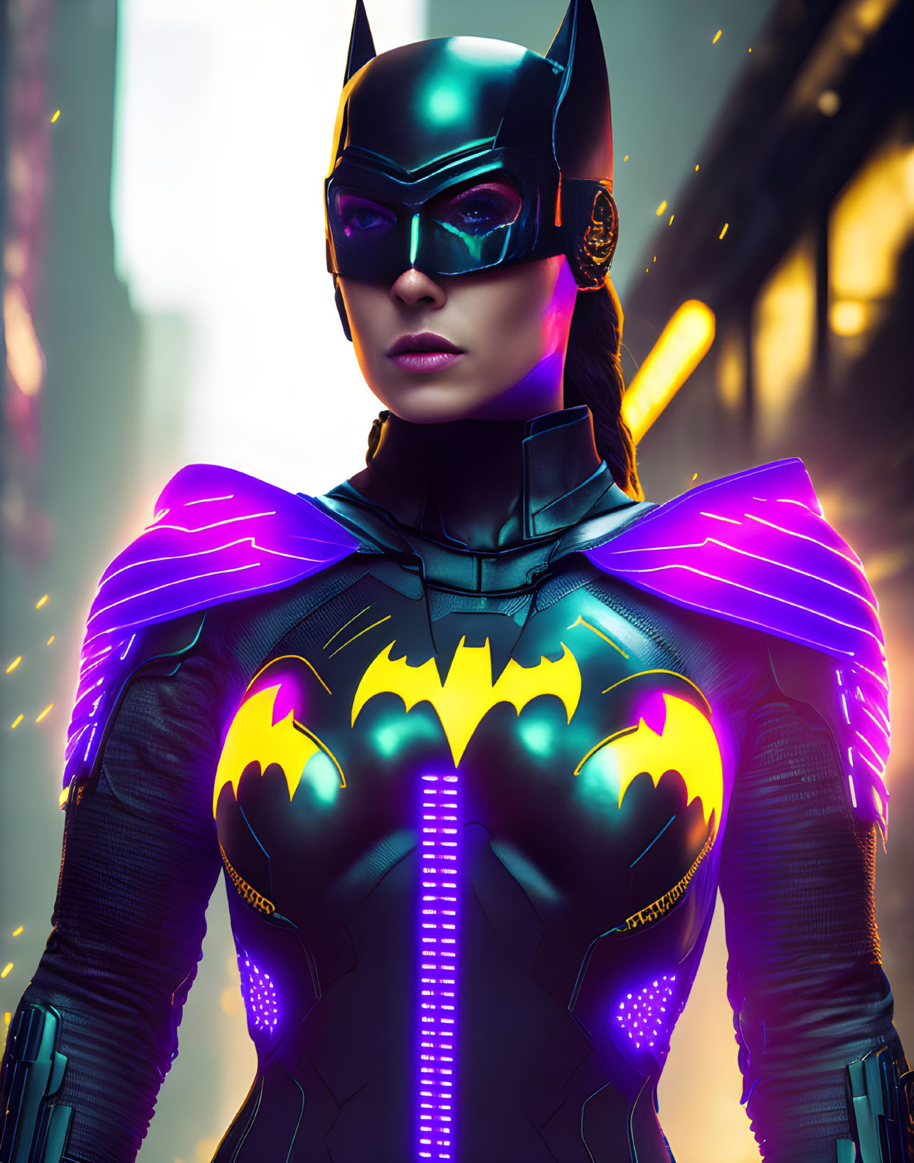 Futuristic neon-glowing Batgirl costume with cowl, cape, and bat symbol