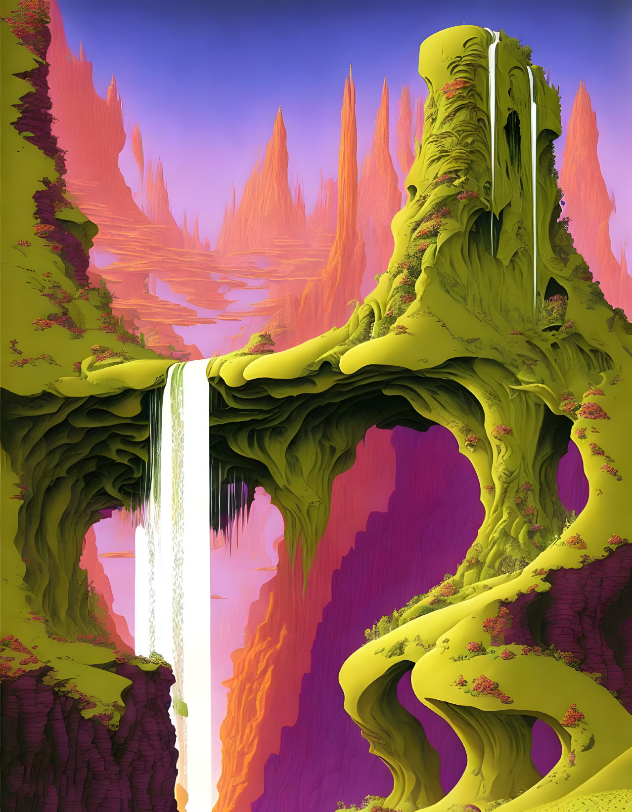 Vibrant pink sky over towering rock spires and moss-covered arch with waterfall