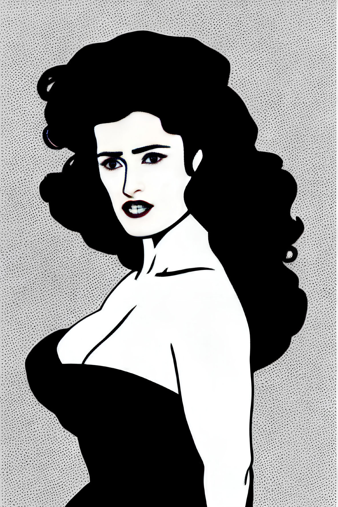 Monochrome illustration of woman with curly hair and dark lipstick