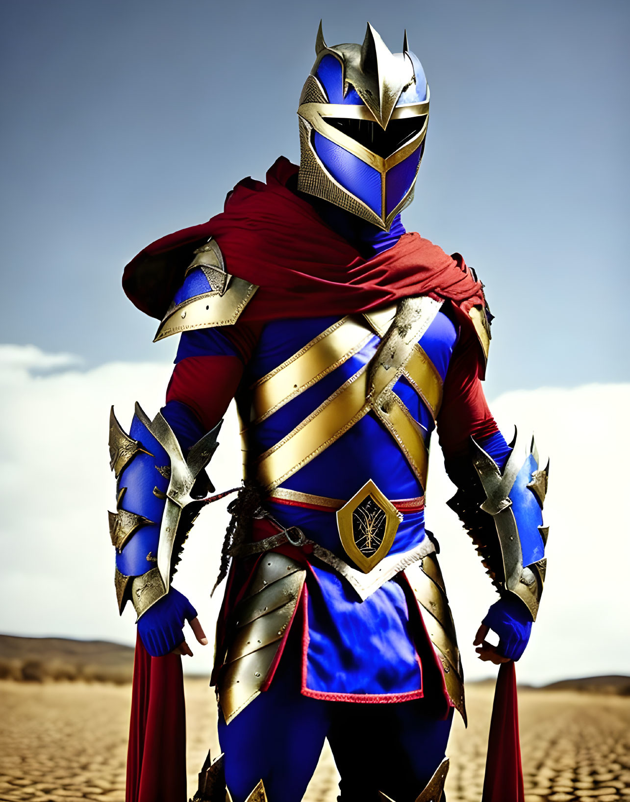 Fantasy knight in blue and silver armor in desert setting