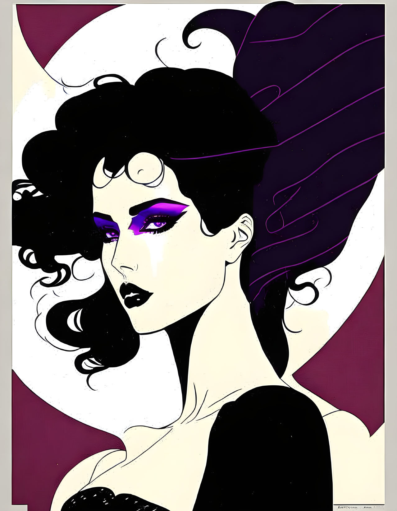 Dark-haired woman with purple eyeshadow, surrounded by abstract shapes in purple and black