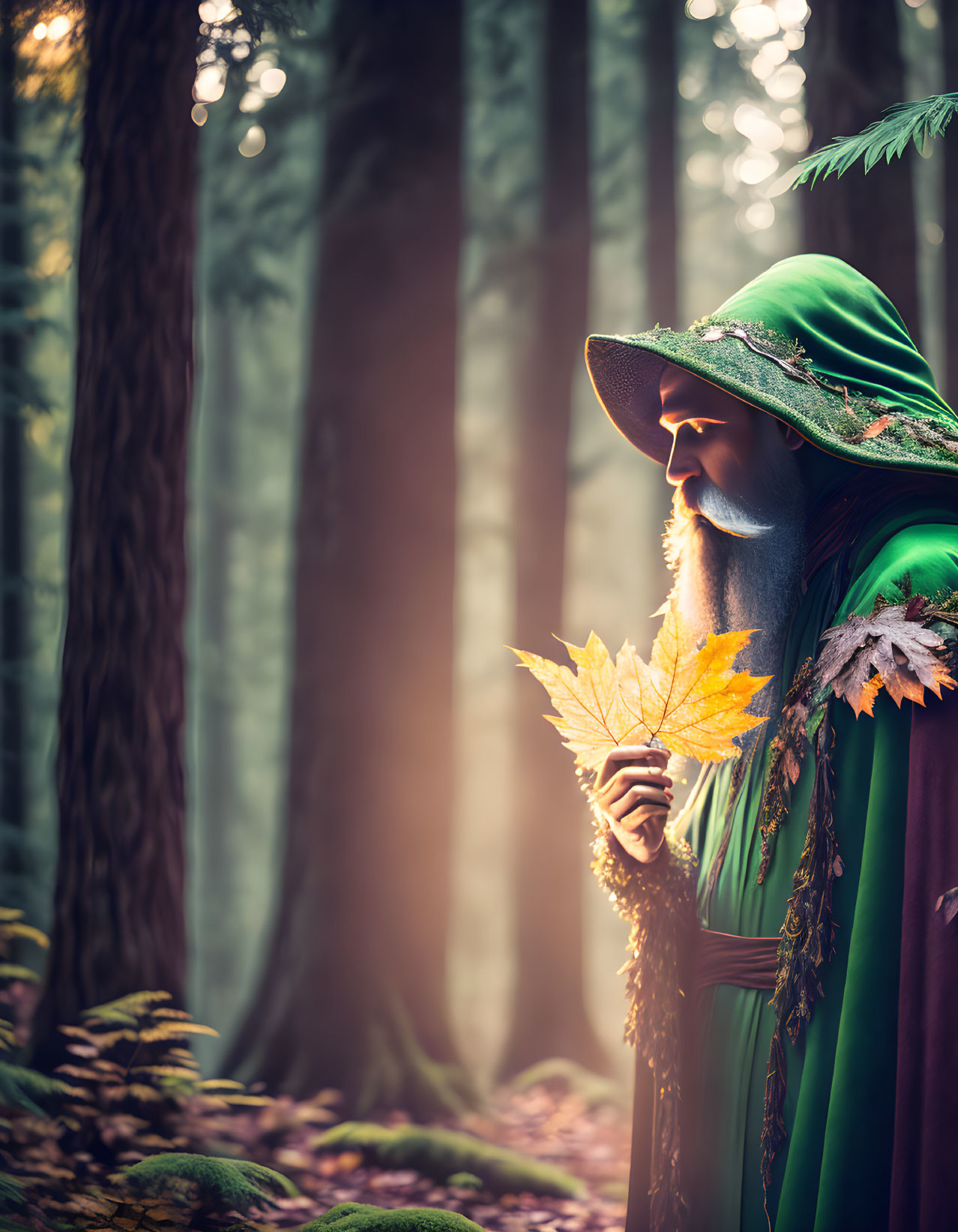 Person in Green Cloak Holding Yellow Leaf in Sunlit Forest