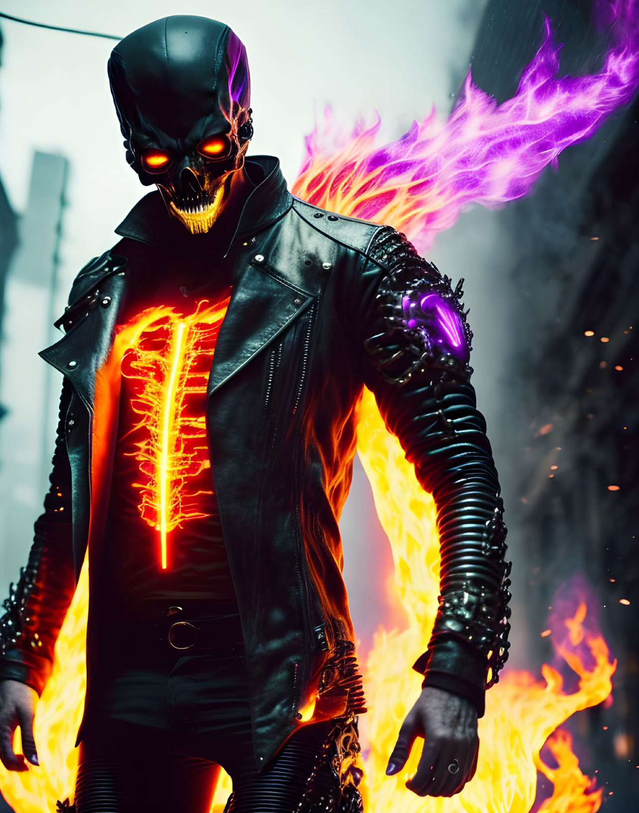 Skull Masked Figure in Leather Jacket with Neon Red Eyes