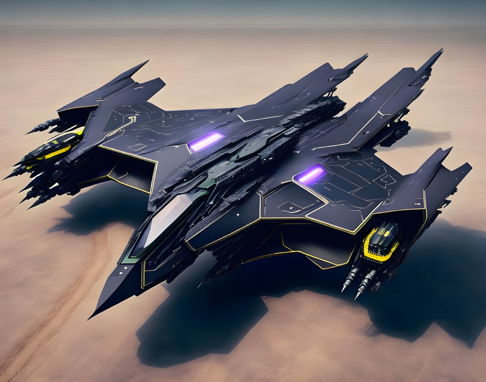 Futuristic black and gold spaceship over desert with neon purple accents