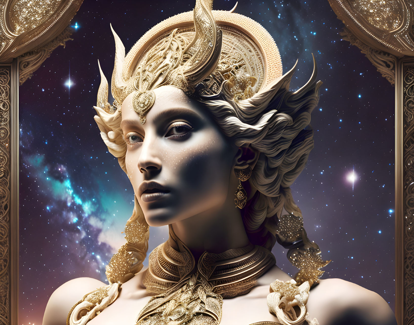 Regal fantasy portrait with golden headgear and cosmic backdrop