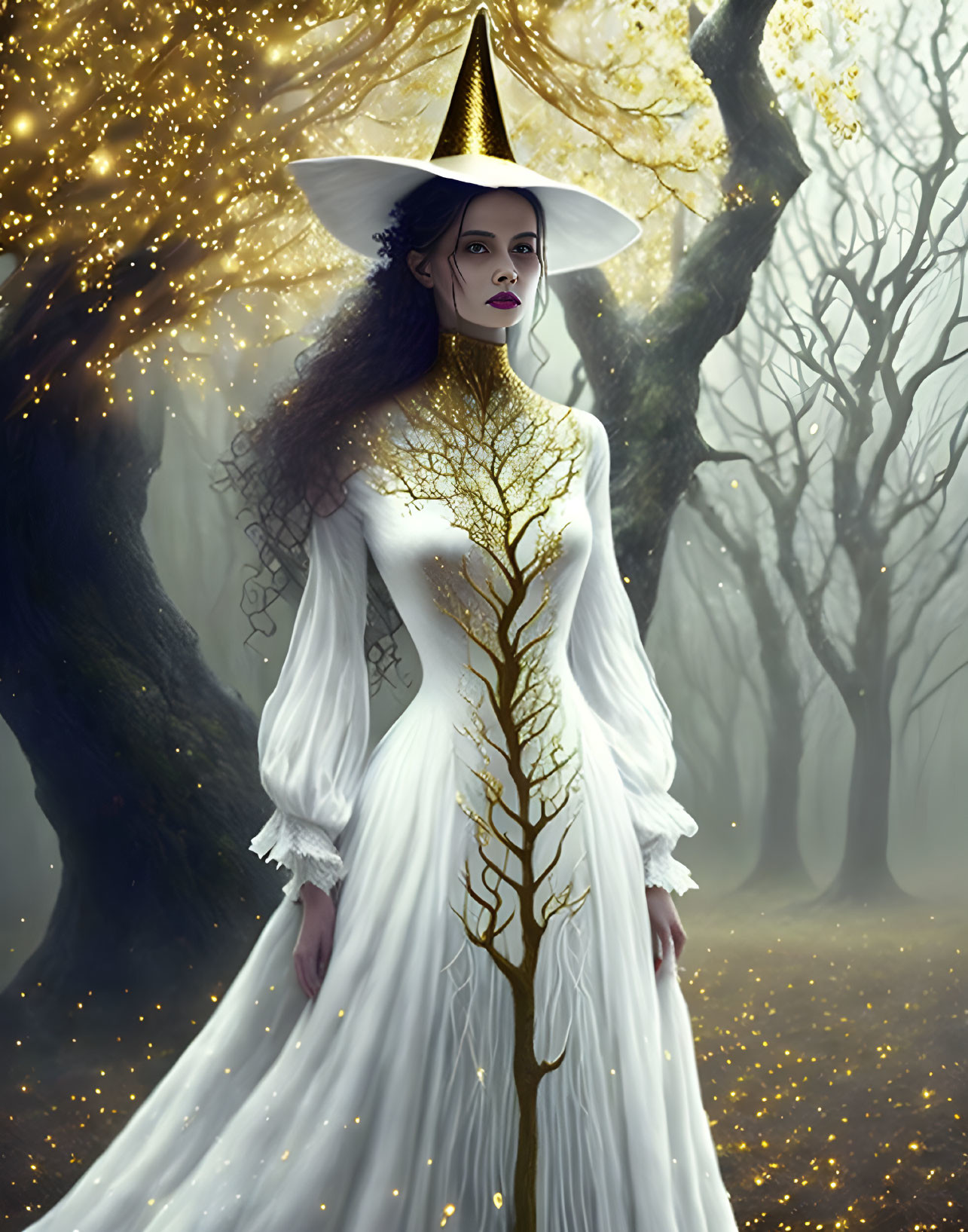 Mystical figure in white dress with tree-like designs in enchanted forest