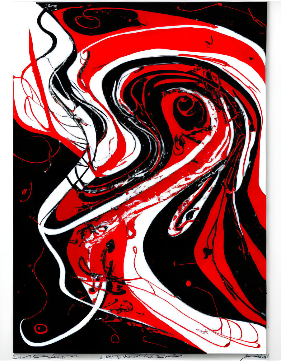 Abstract red and black swirls on white background art piece