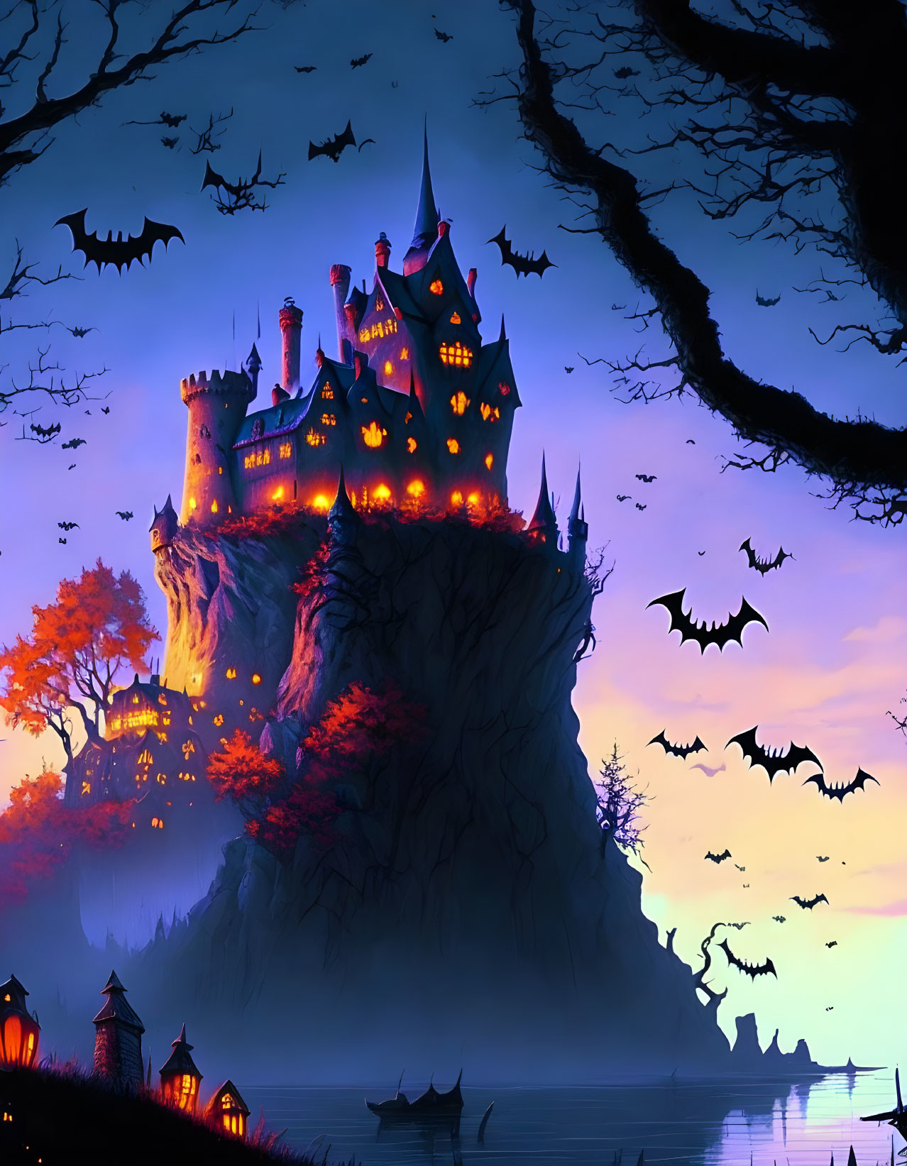 Gothic castle on cliff with bats, autumn trees, and boat