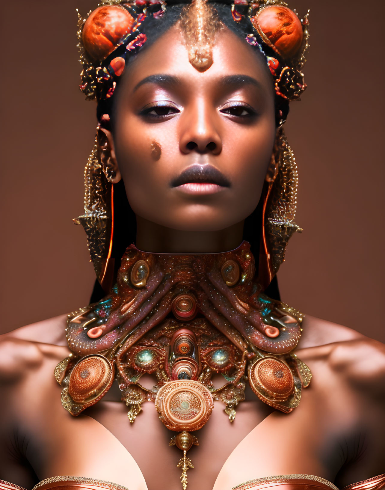 Ornate headpiece and jewelry on woman against brown background