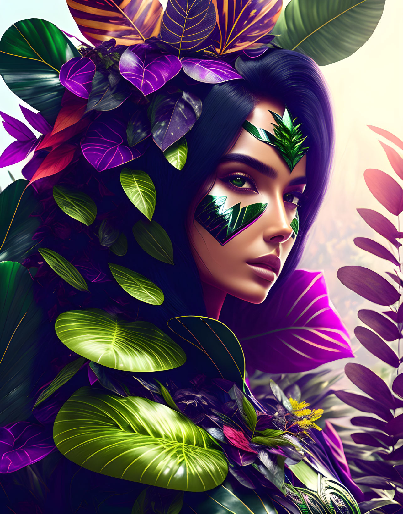 Vibrant leaf-adorned woman in colorful illustration