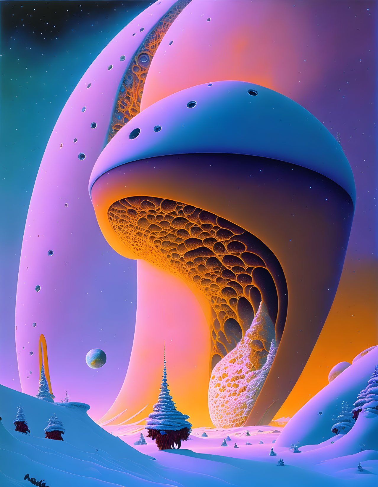 Surreal alien mushroom landscape under starry sky