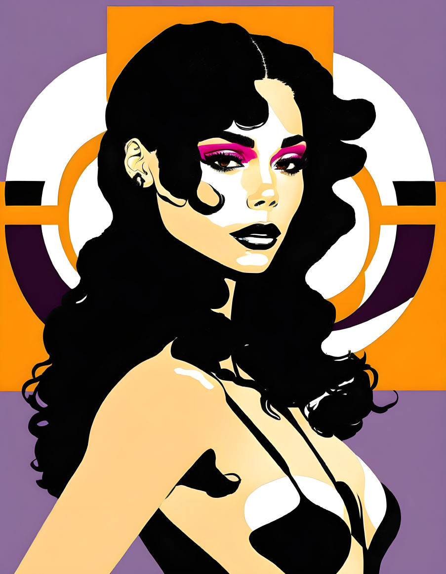 Colorful pop art woman with curly hair in vibrant makeup and retro outfit on circular background