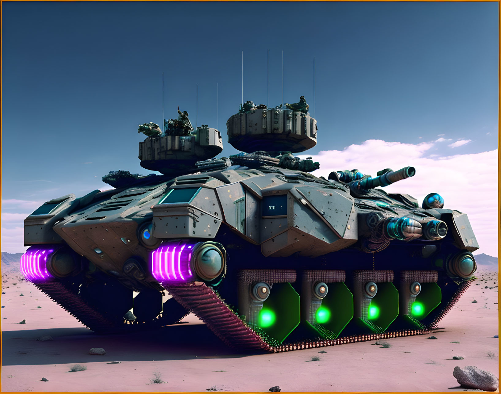 Advanced Military Tank with Hovering Treads and Energy Propulsion in Desert