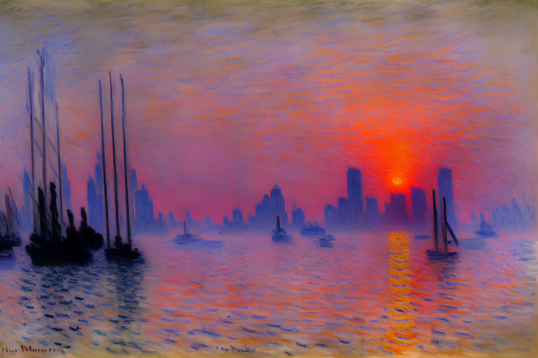 Impressionist painting: Sunset over city skyline with boat silhouettes, vibrant orange, blue,