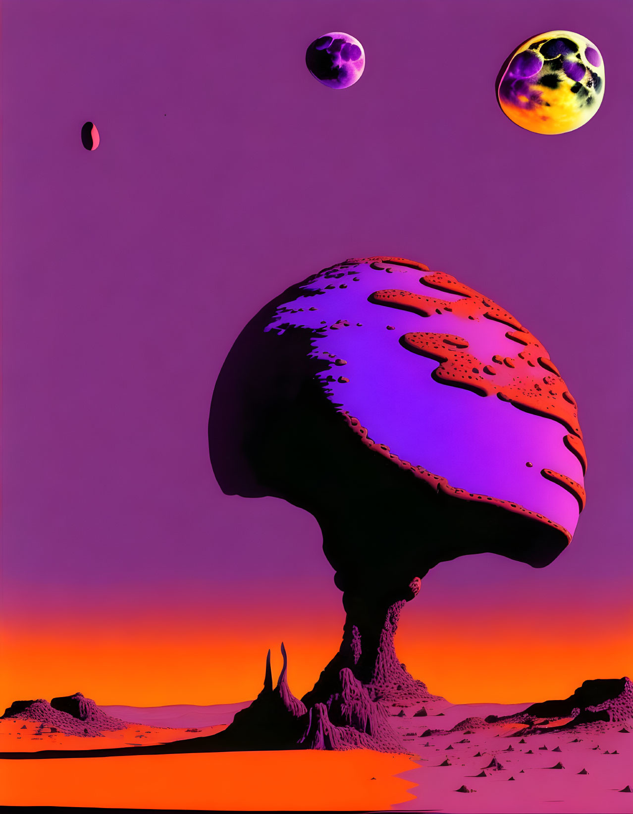 Violet and Orange Surreal Landscape with Mushroom Structure and Celestial Bodies