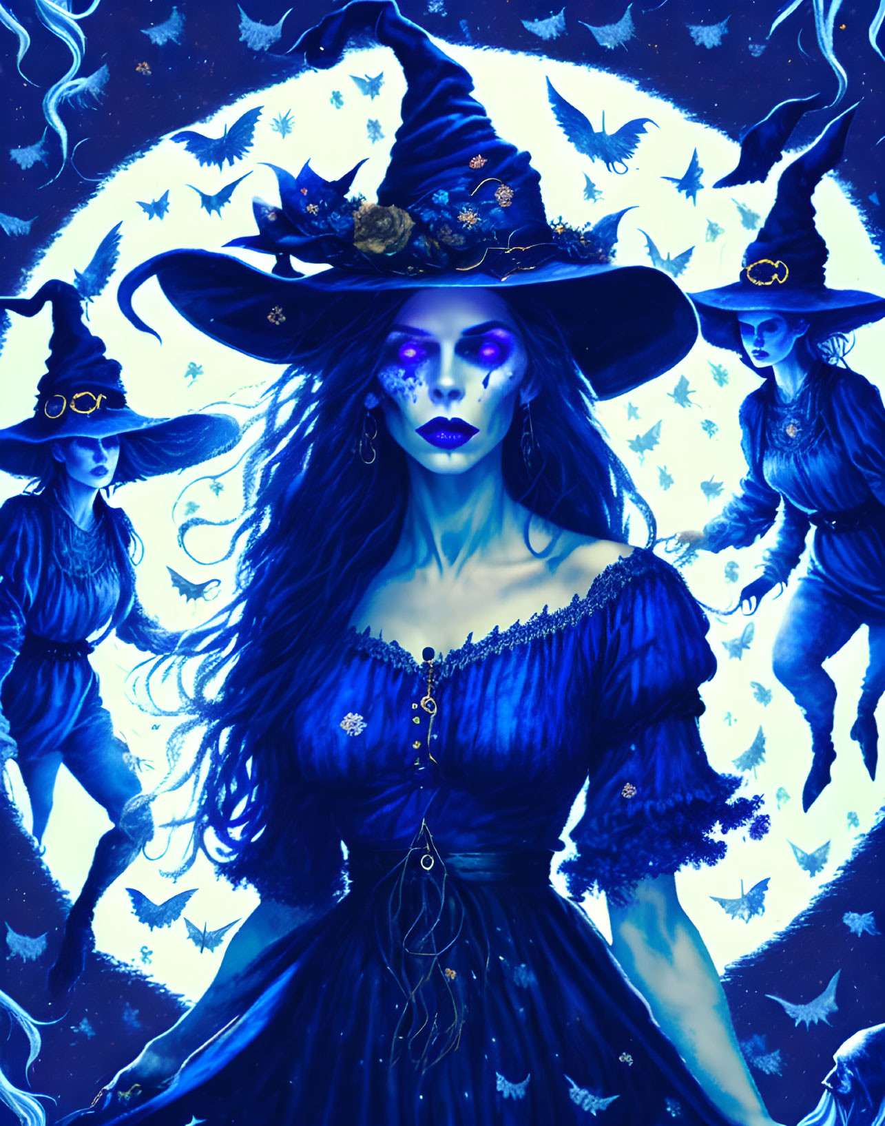 Mystical blue witch illustration with bats, moons, and figures