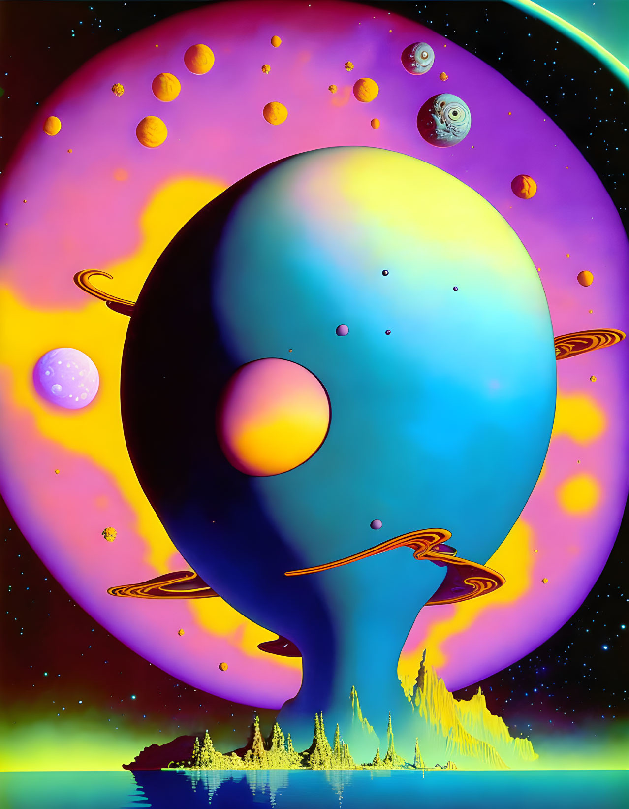 Colorful surreal space scene with planets, moons, and rings against a starry backdrop