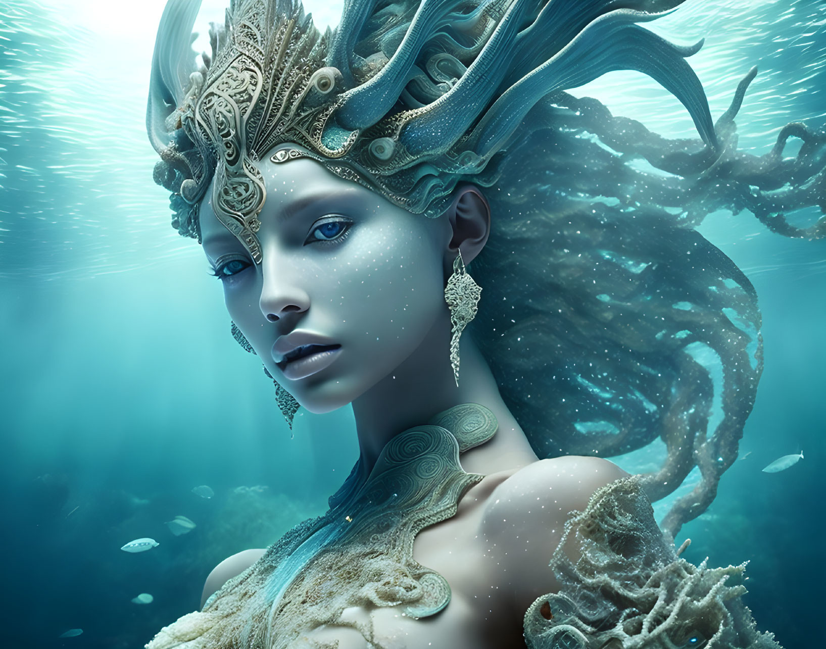 Fantasy sea queen with golden headdress in deep blue ocean