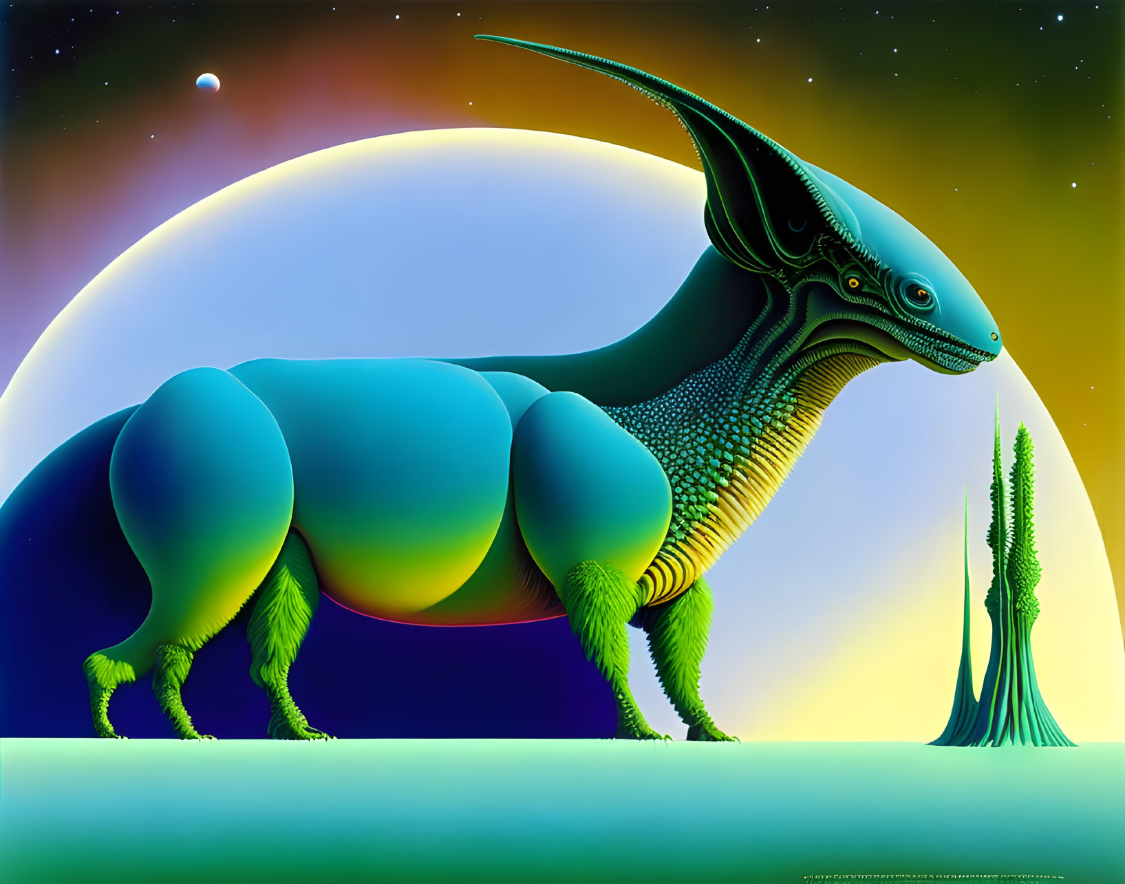 Colorful surreal artwork: Large green-blue creature with head crest on grassy plain with planet backdrop