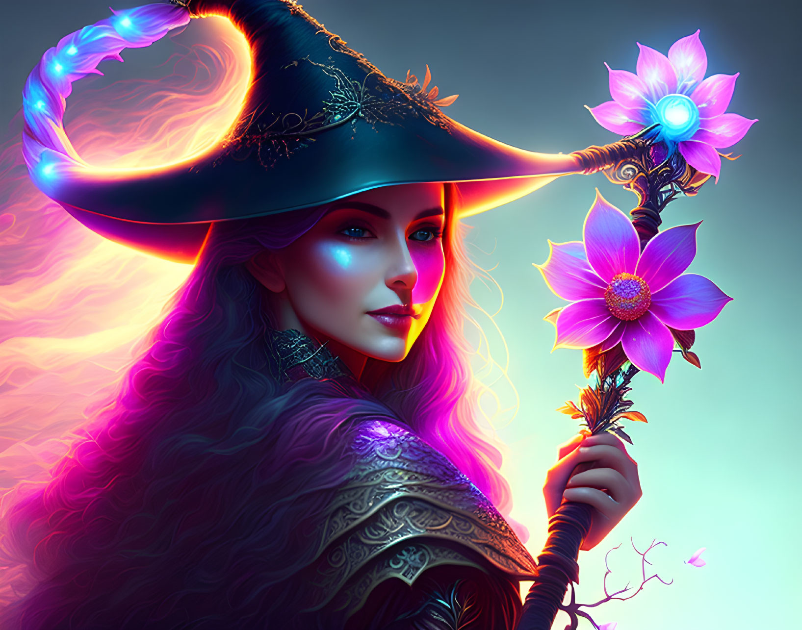 Mystical woman with glowing neon outlines and magical flower staff