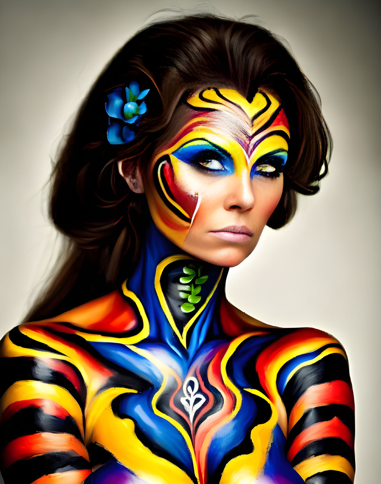 Colorful Body Paint Design with Abstract Patterns and Blue Flower Hair Accessory