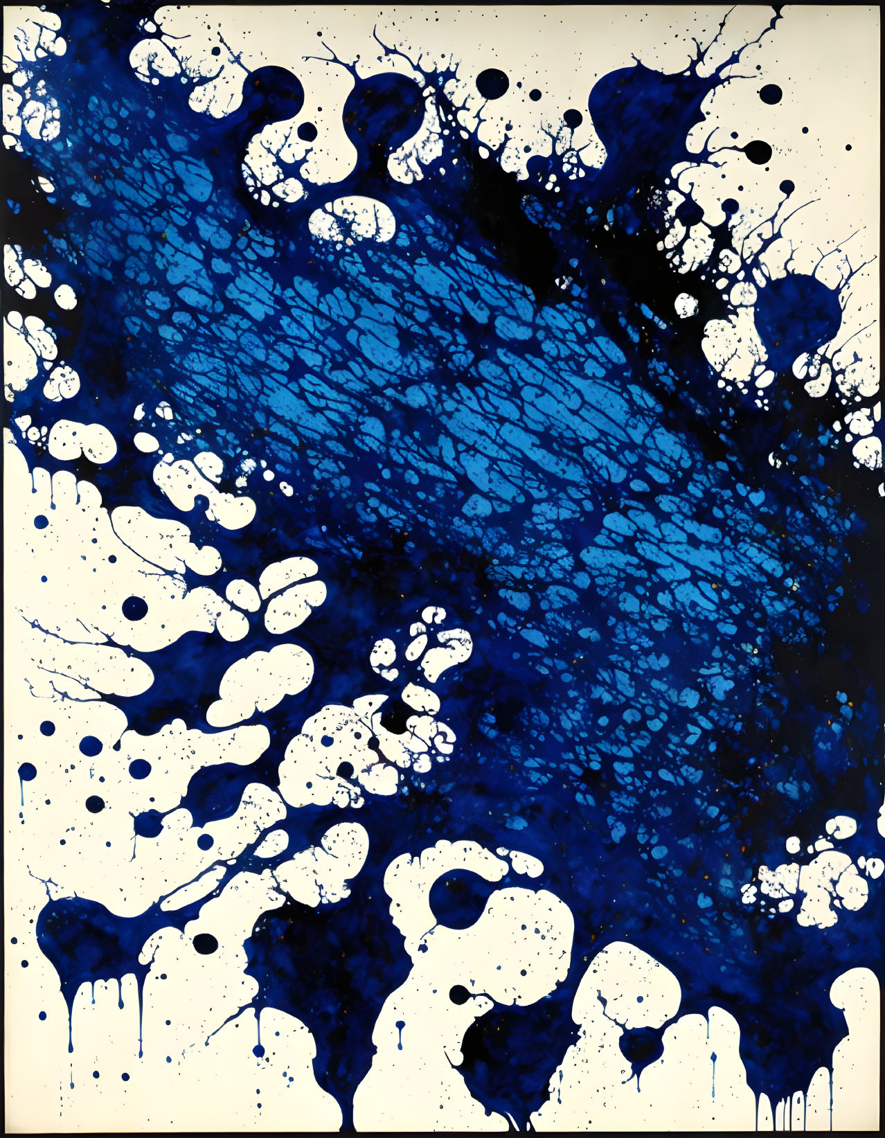 Abstract Art: Dark & Light Blue Splotches on White Background