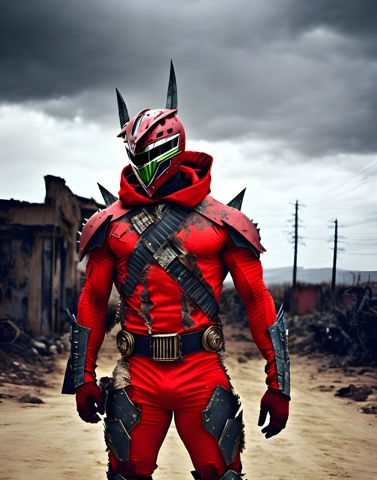 Red and Black Armored Figure Stands in Desolate Landscape