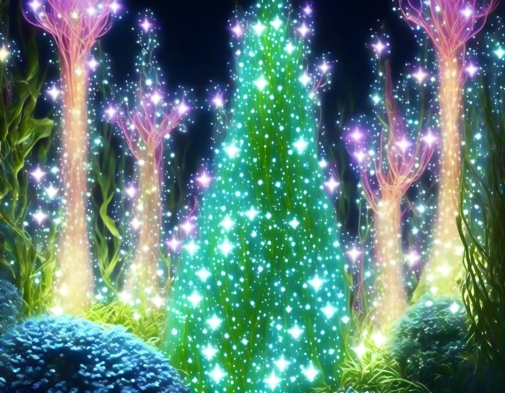 Enchanting fantasy forest with luminous tree-like structures