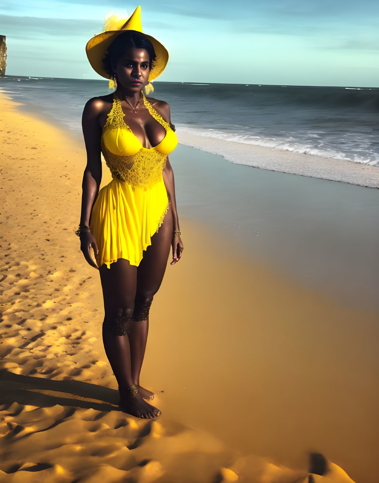 Woman in Yellow Swimwear and Hat on Beach at Sunset