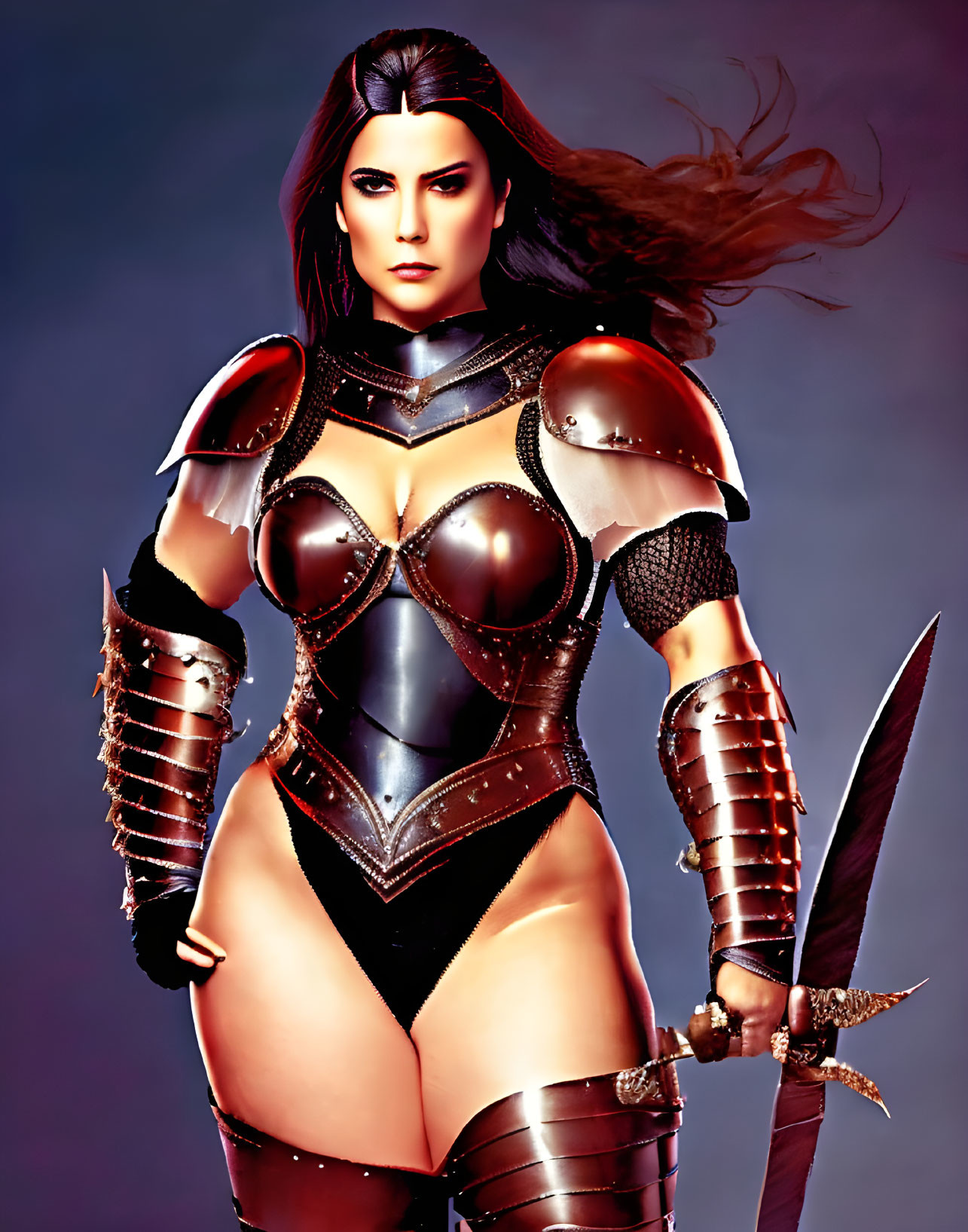 Female fantasy warrior in armor with dagger on purple background, hair in motion