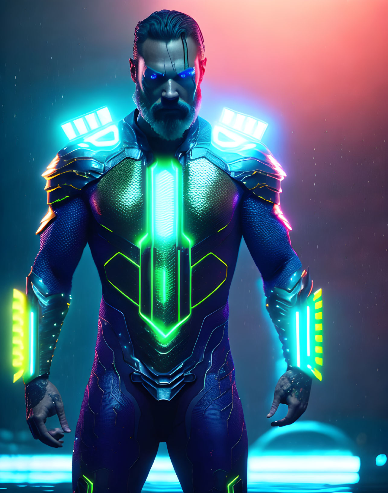 Futuristic armored man with neon lights in confident pose