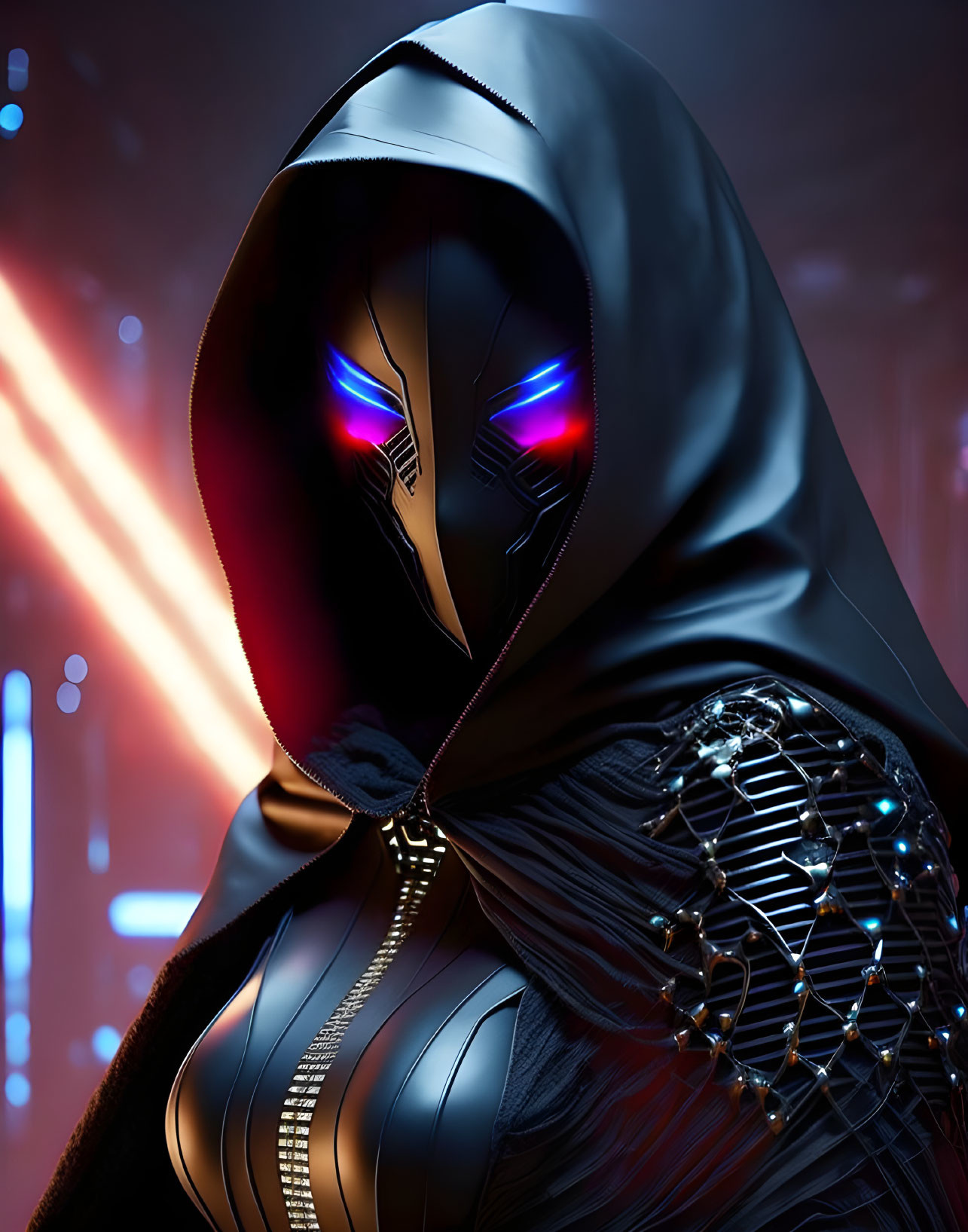 Mysterious figure in dark cloak with futuristic metallic mask on neon-lit background