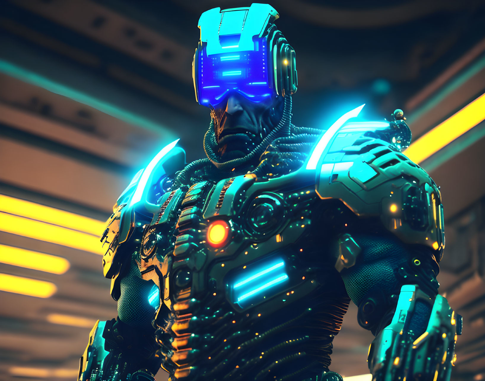 Armored robot with blue neon lights in yellow-lit corridor