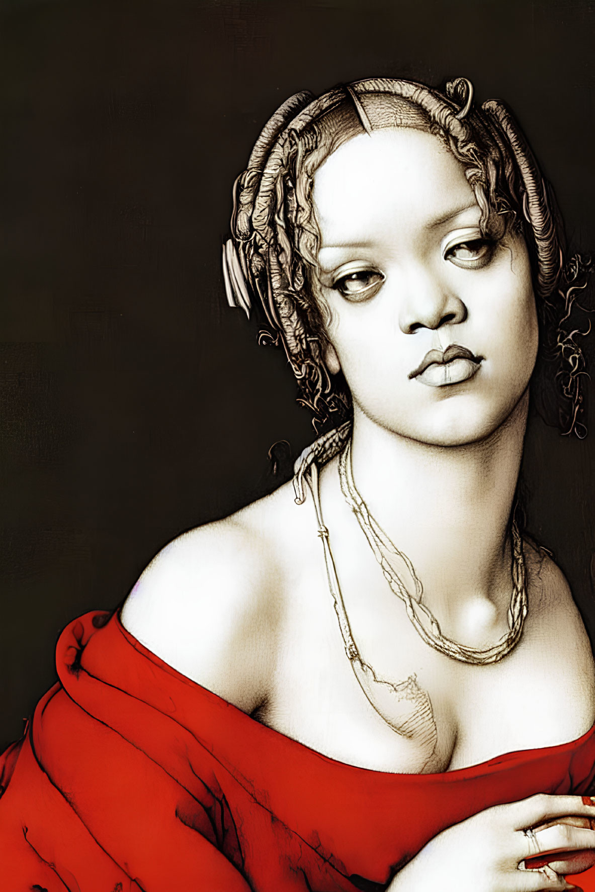 Stylized portrait of woman with braided hair and red garment on dark background