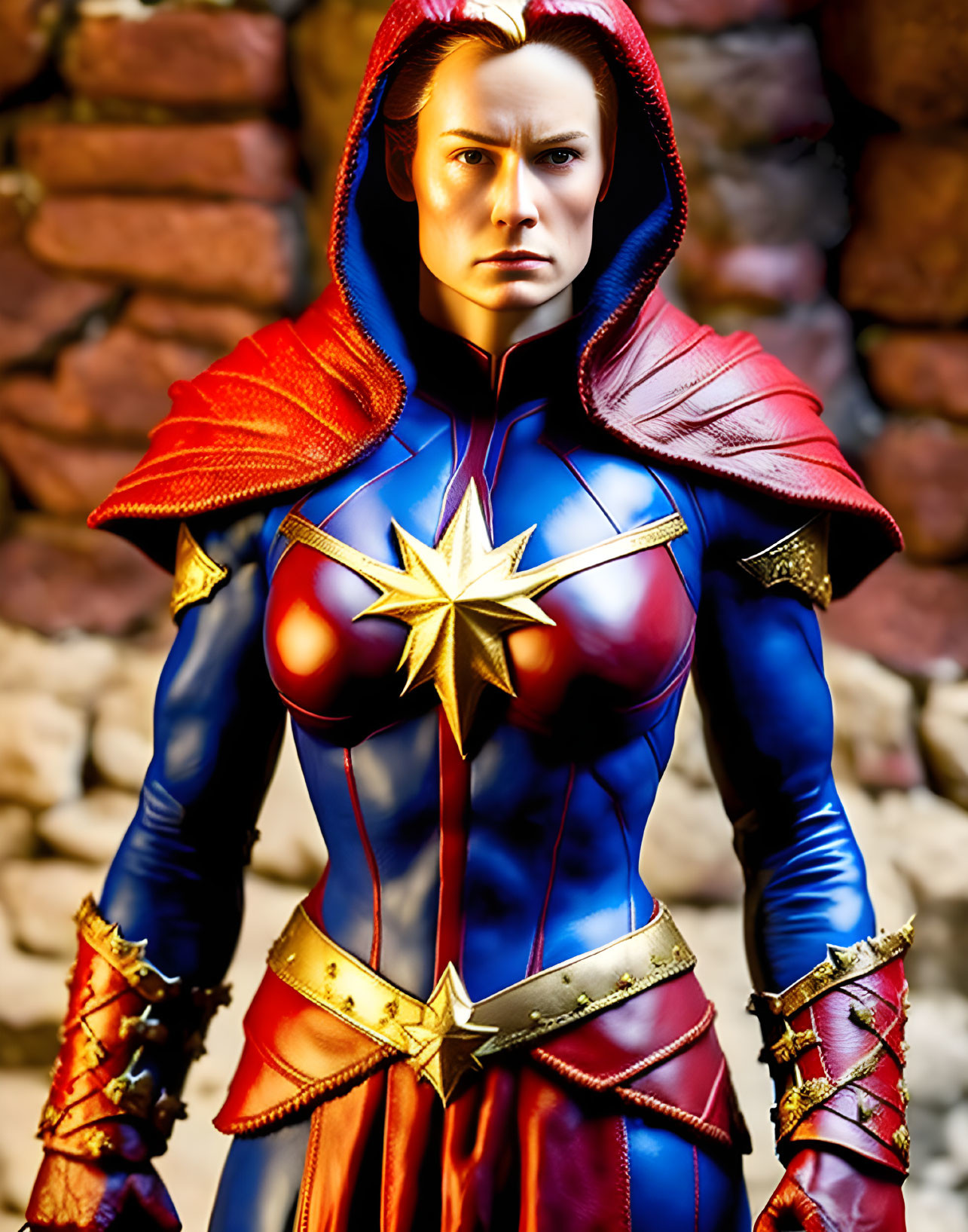 Superhero Figure in Red, Blue, and Gold Costume with Star Emblem and Hooded Cape