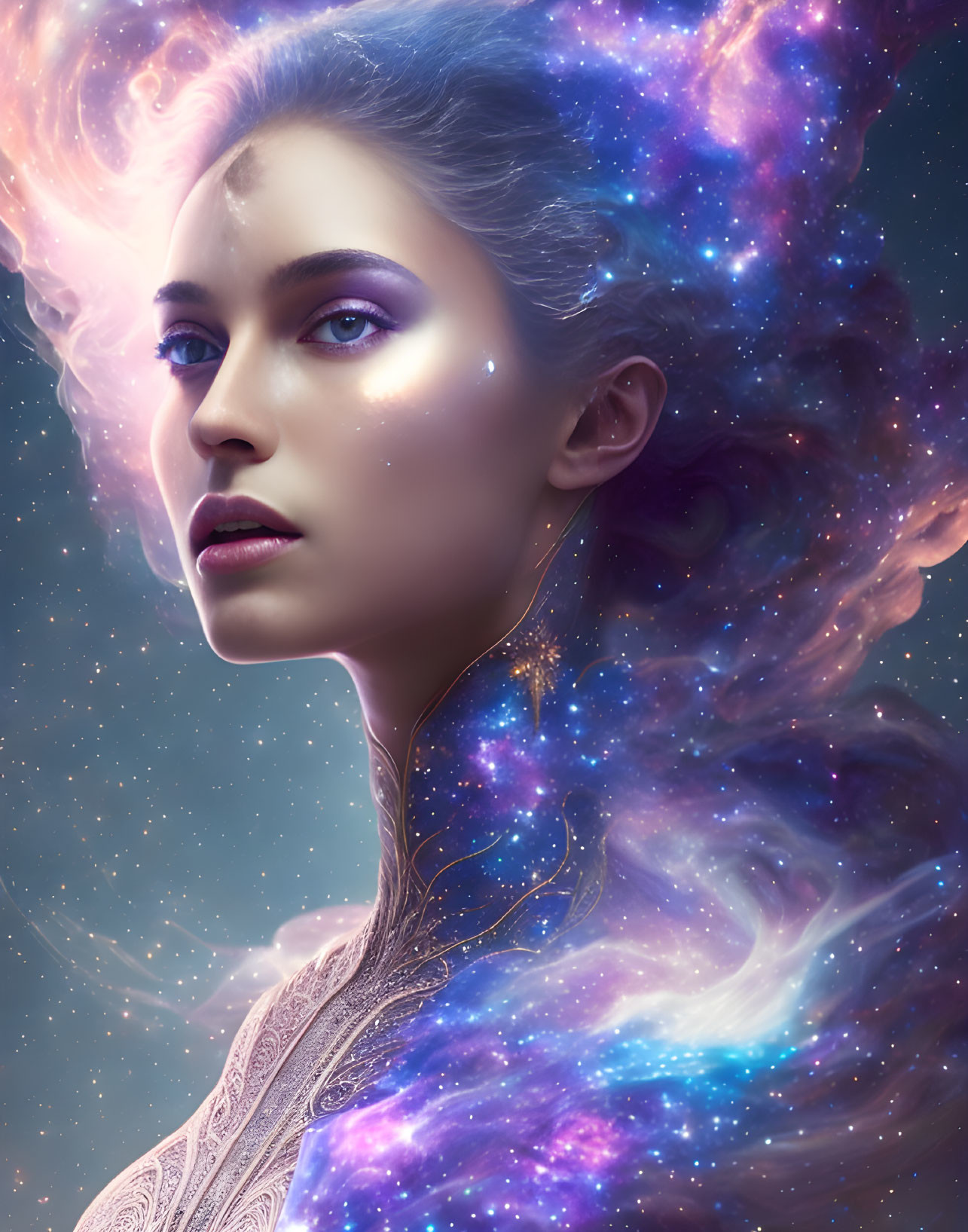 Digital portrait of a woman with galaxy-themed makeup and hair against starry background