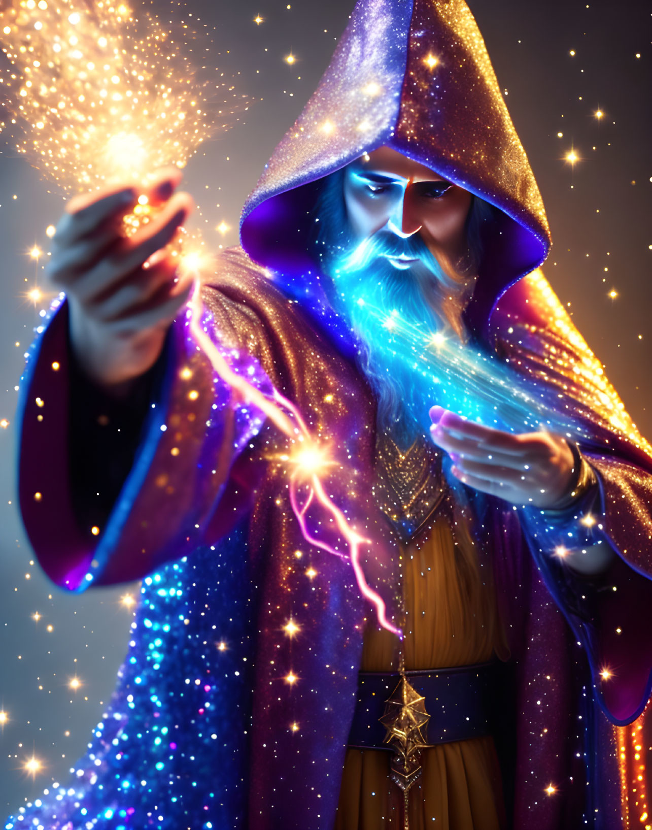 White-bearded wizard in starry cloak casting magic against dark starlit backdrop