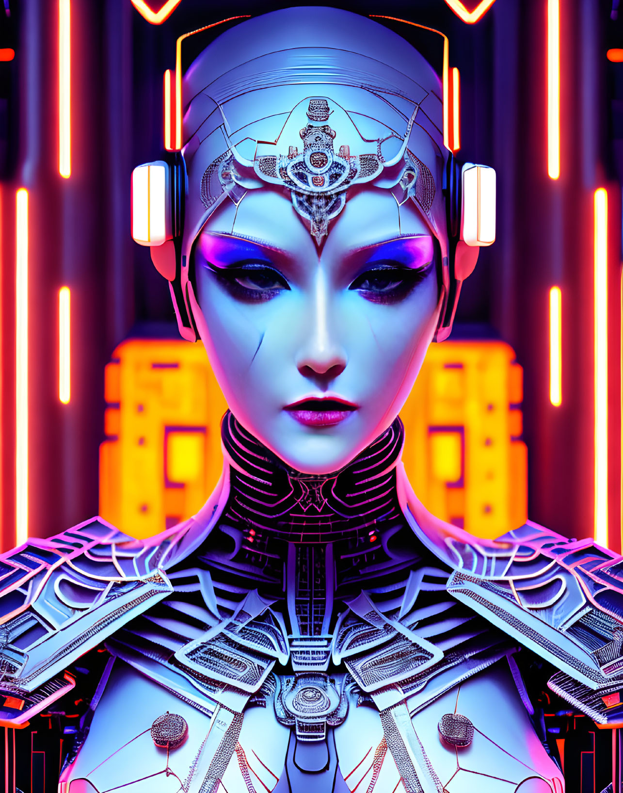 Detailed futuristic female robot digital art with intricate headgear and armor on neon-lit backdrop