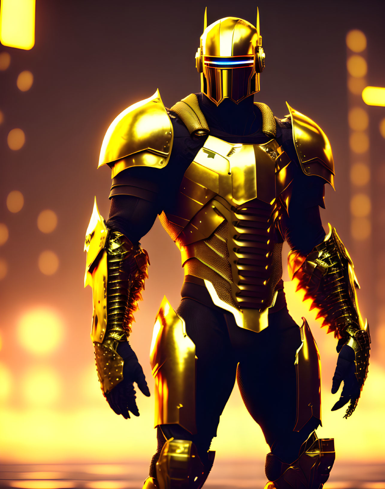 Golden armored futuristic knight under warm light exudes strength