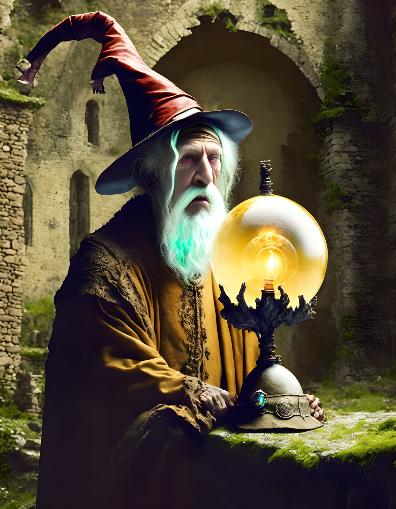 Elderly wizard in conical hat gazes into glowing crystal ball among ancient stone arches