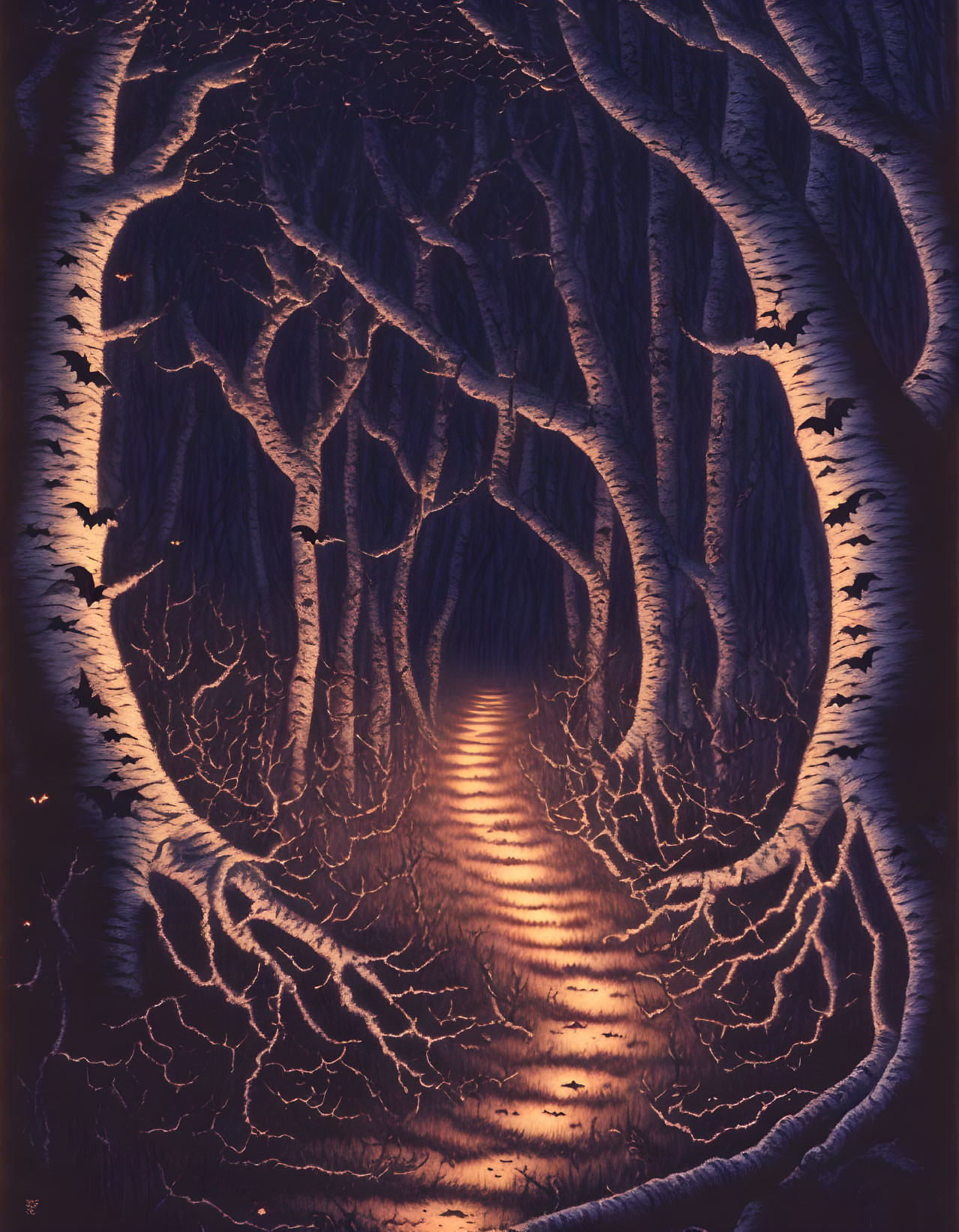 Surreal image of glowing path and fantastical tree-like structures