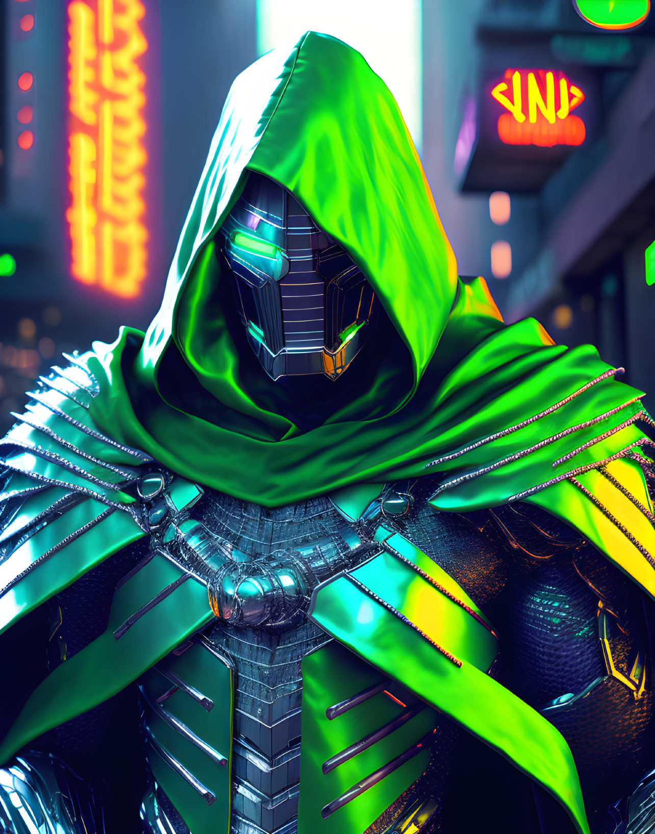 Futuristic individual in green cloak against neon-lit cityscape