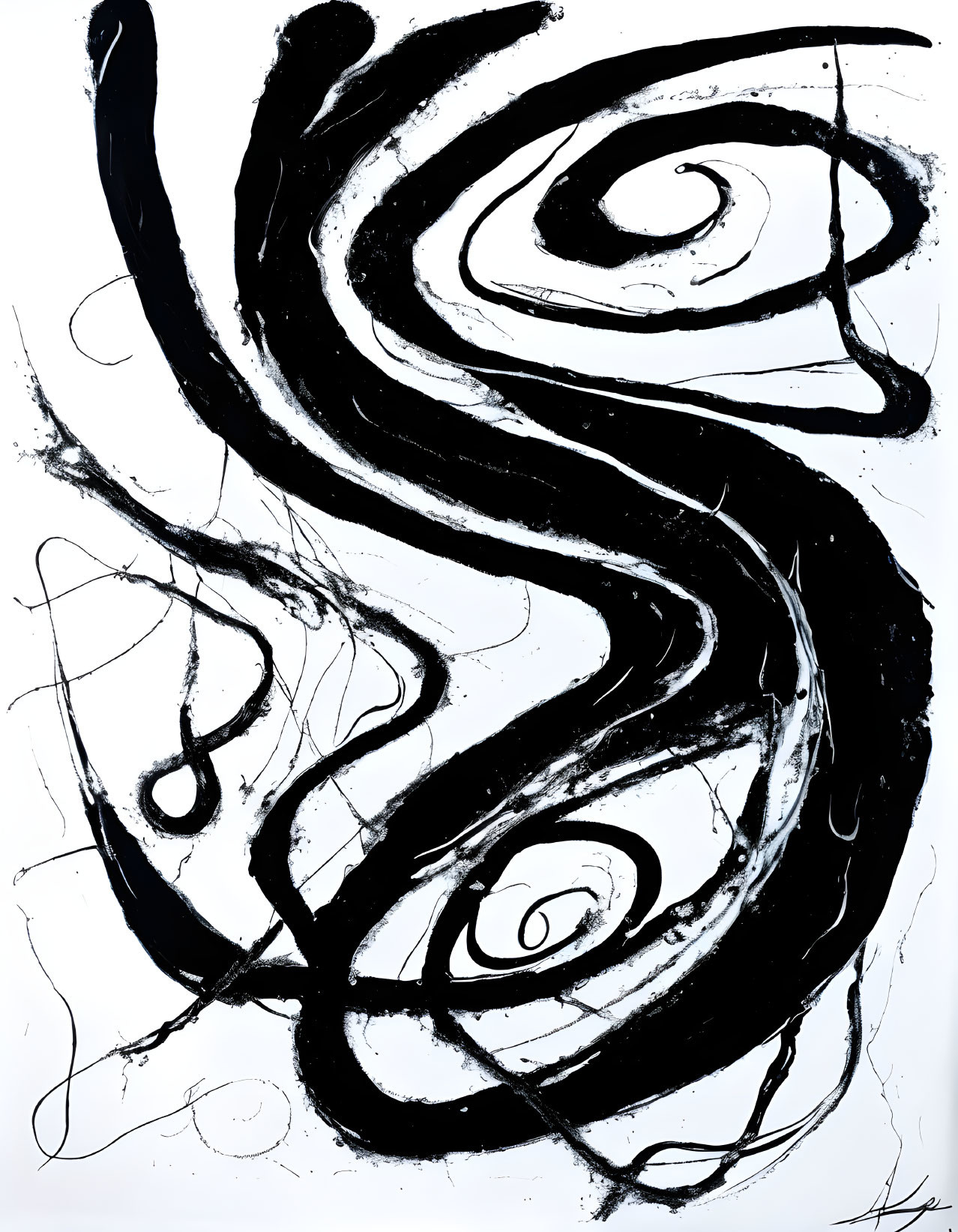 Monochromatic abstract painting with swirling lines and eye-like shapes